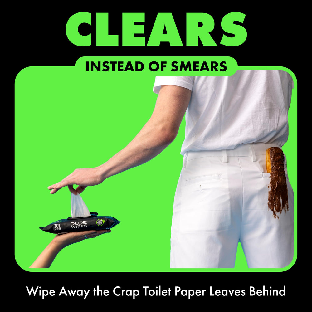 DUDE Wipes beside a toilet paper roll showing larger size and coverage