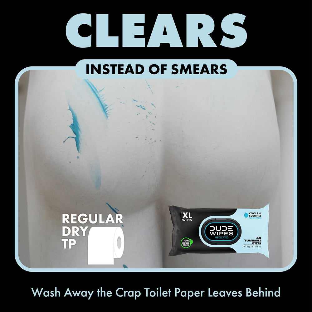 Close-up of DUDE Wipes label noting flushable and septic-safe plant fibers for peace of mind