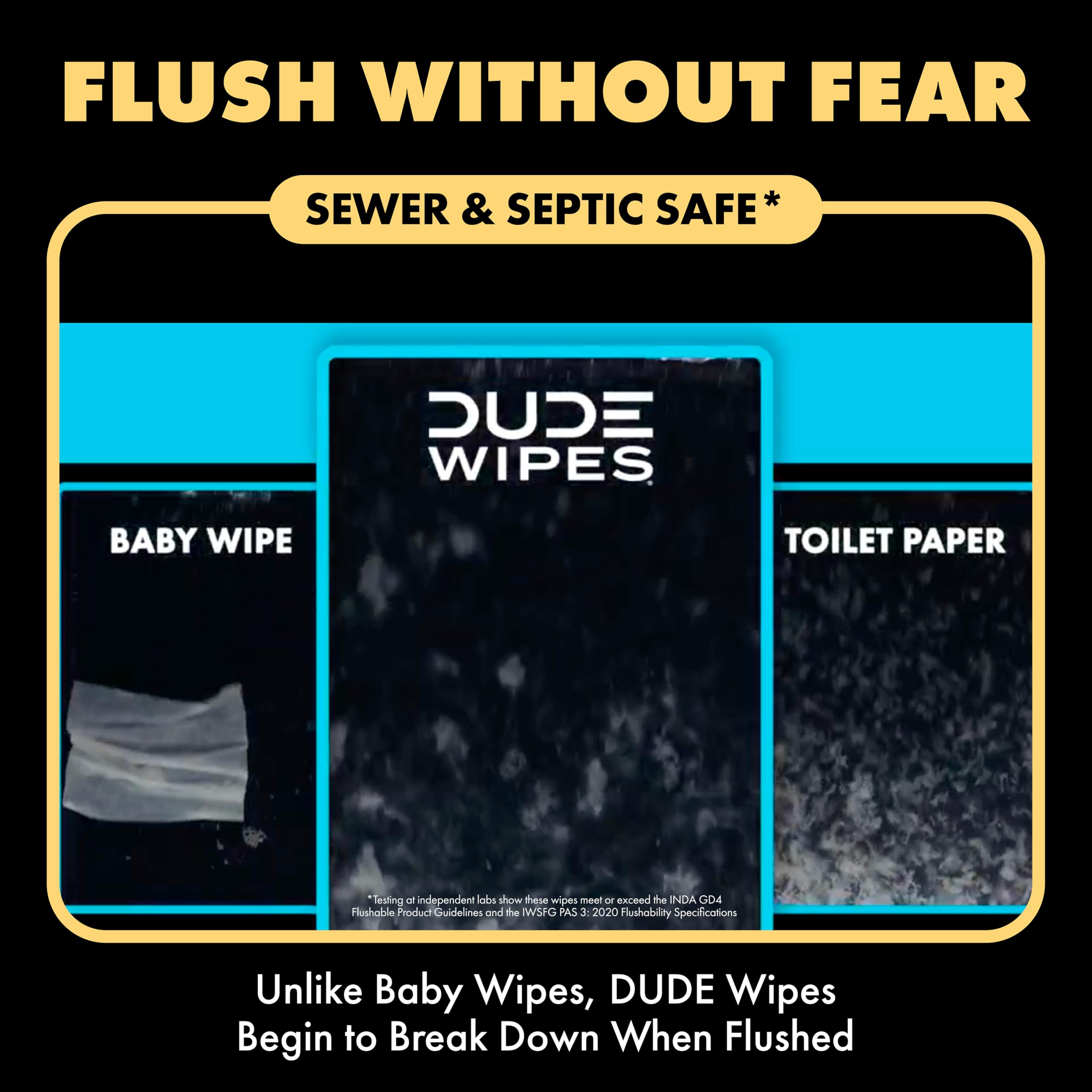 DUDE Wipes extra-large sheet beside toilet paper roll showing greater coverage