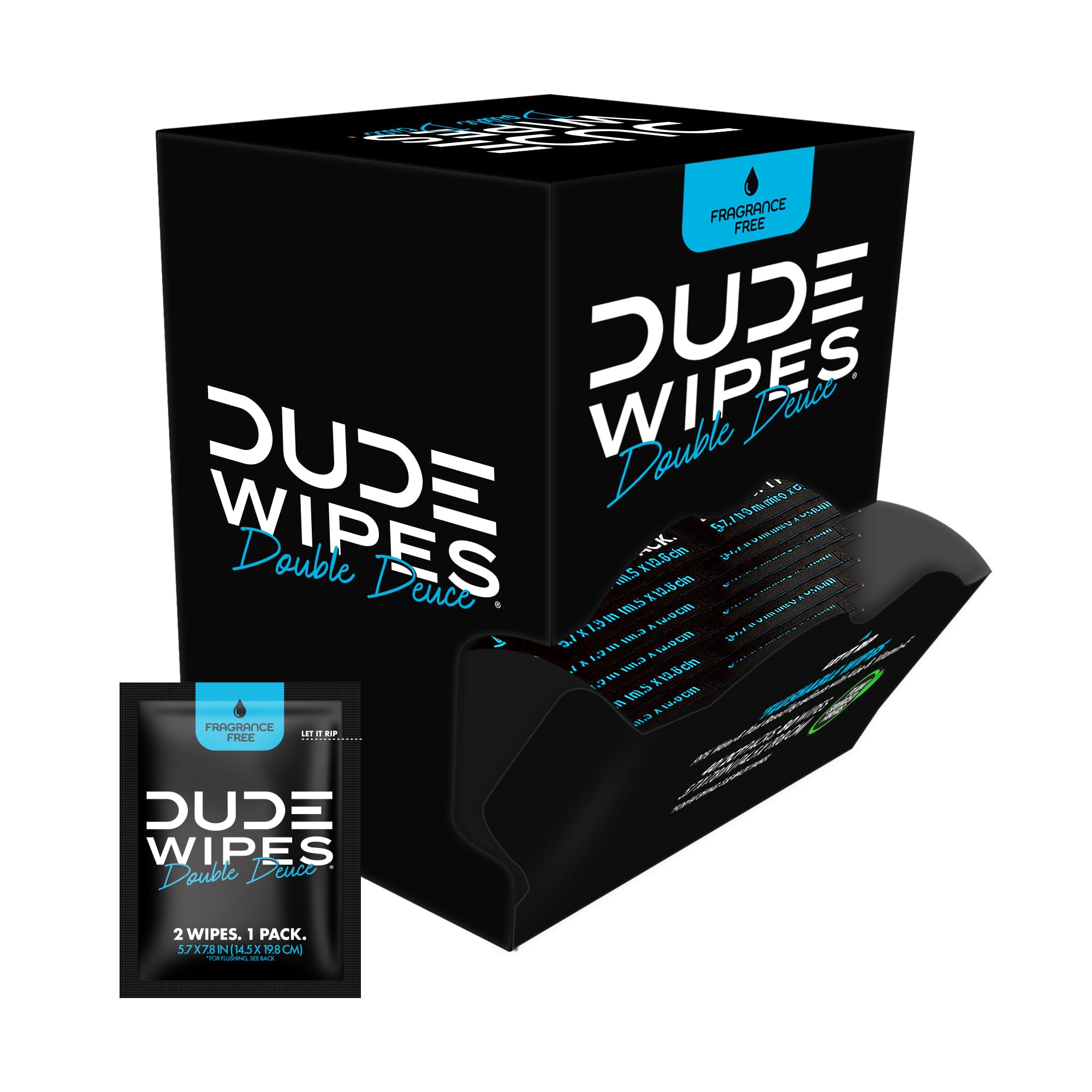 DUDE Wipes next to credit card illustrating compact pack size