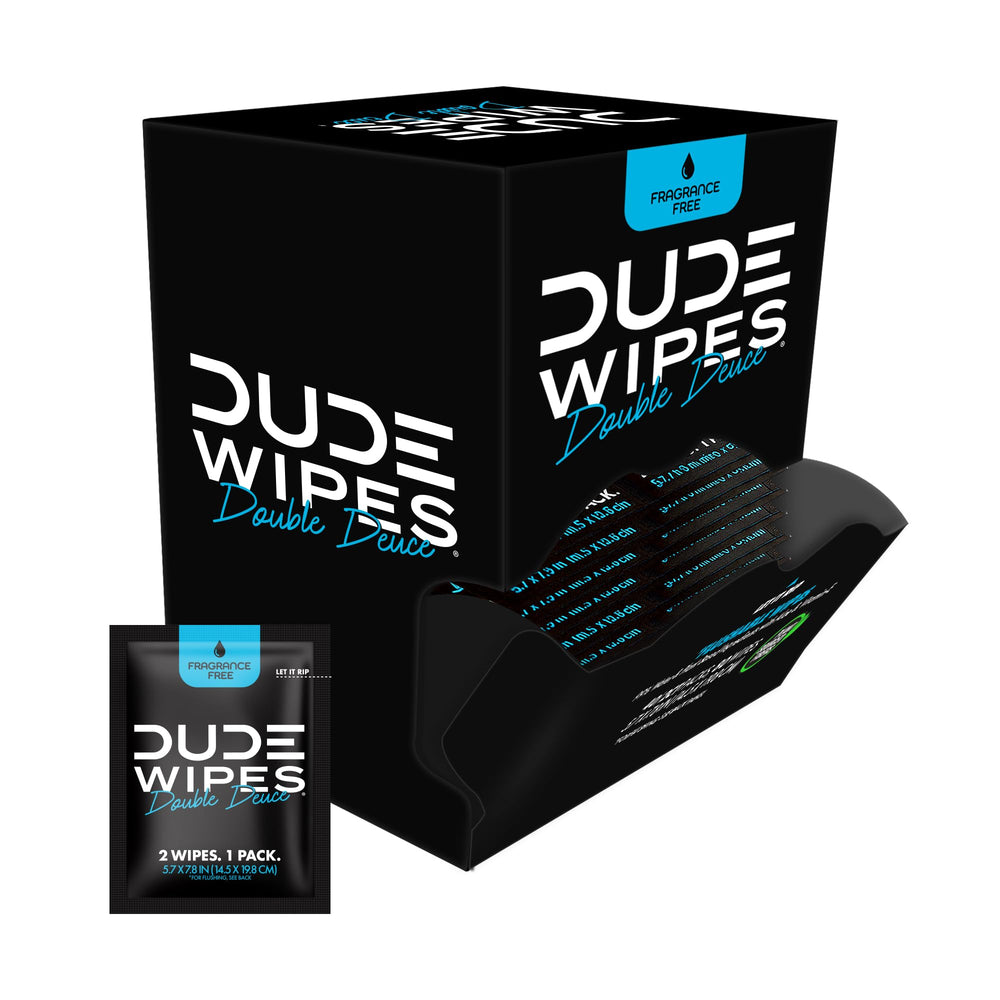 DUDE Wipes next to credit card illustrating compact pack size