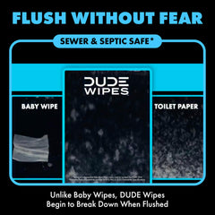 DUDE Wipes next to toilet paper roll illustrating larger wipe size