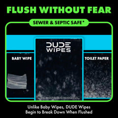 DUDE Wipes tub open with a wipe being pulled, convenient reseal keeps moisture