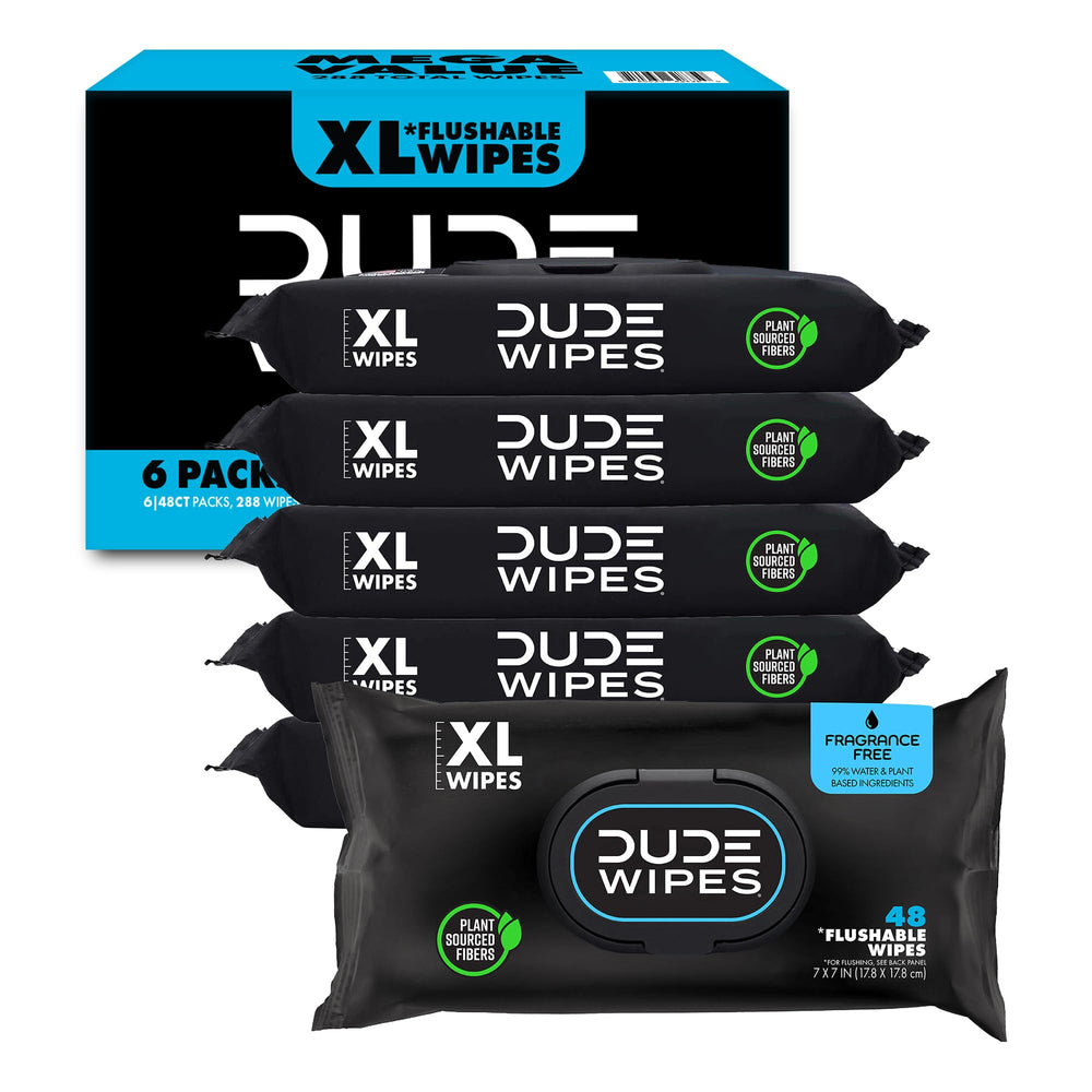 DUDE Wipes front packaging showing unscented benefit and count
