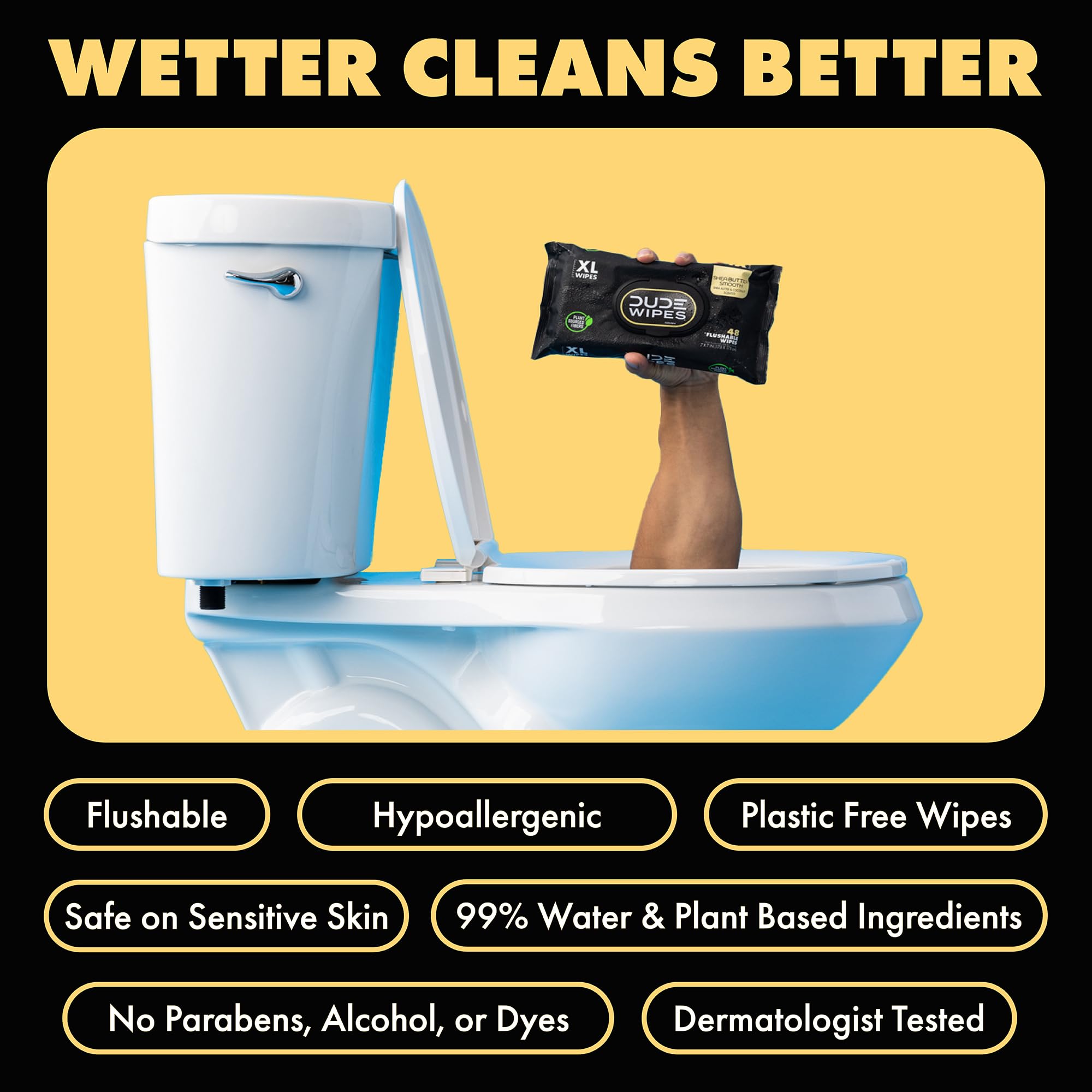DUDE Wipes being pulled from pack demonstrating easy single-sheet dispense