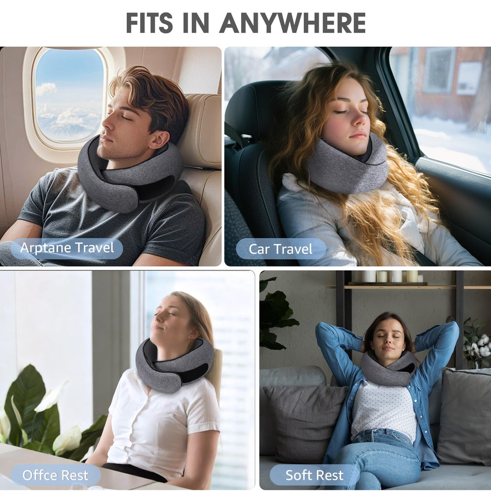 Dujuanus neck pillow on airplane seat showing comfortable head support while traveling
