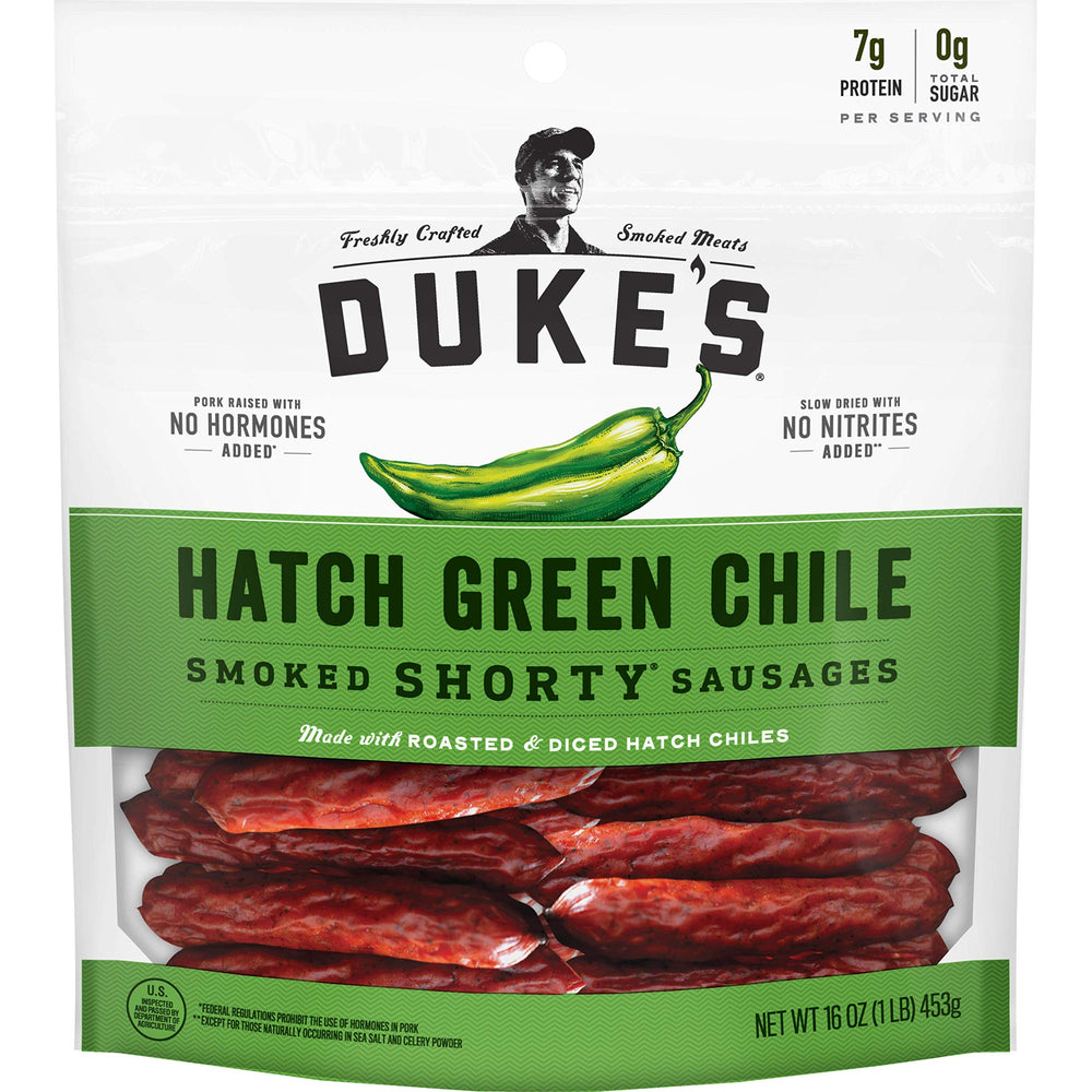 DUKE'S front packaging of Hatch Green Chile Shorty Sausages showing 16 oz bag and bold branding, convenient snack
