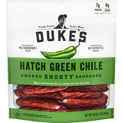 DUKE'S front packaging of Hatch Green Chile Shorty Sausages showing 16 oz bag and bold branding, convenient snack