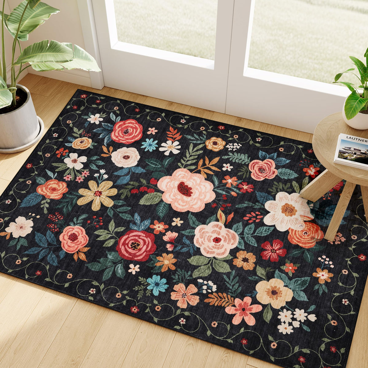 DUKINO front view of floral door mat showing welcoming pattern and color