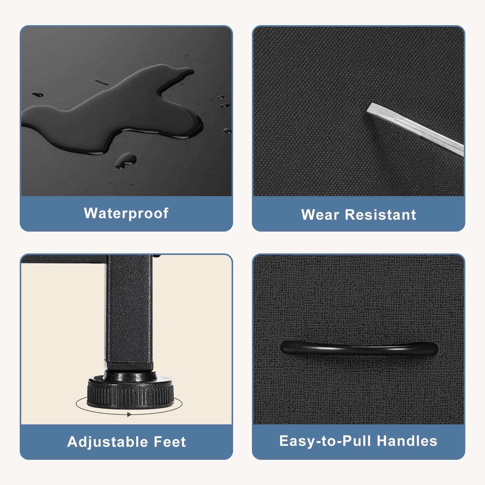 DUMOS adjustable feet detail showing leveling feature and stability benefit