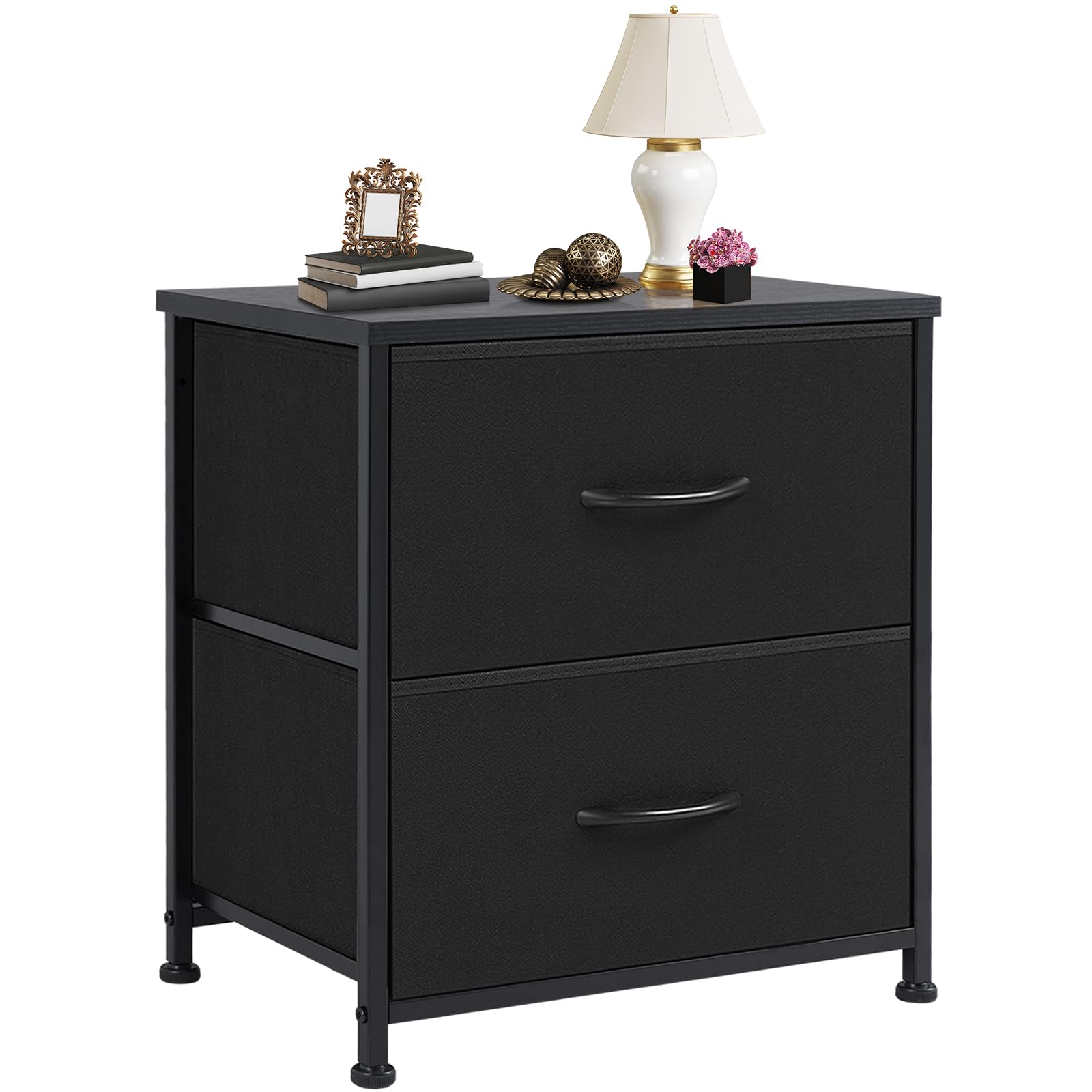 DUMOS nightstand front view showing compact two-drawer storage and neat design benefit