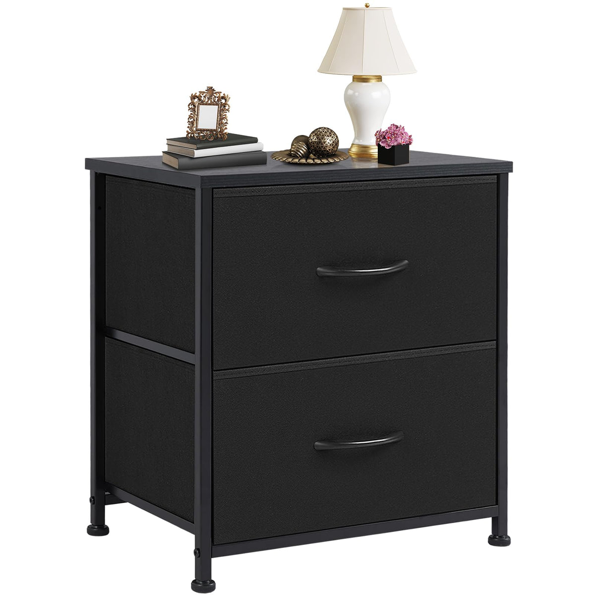 DUMOS nightstand front view showing compact two-drawer storage and neat design benefit