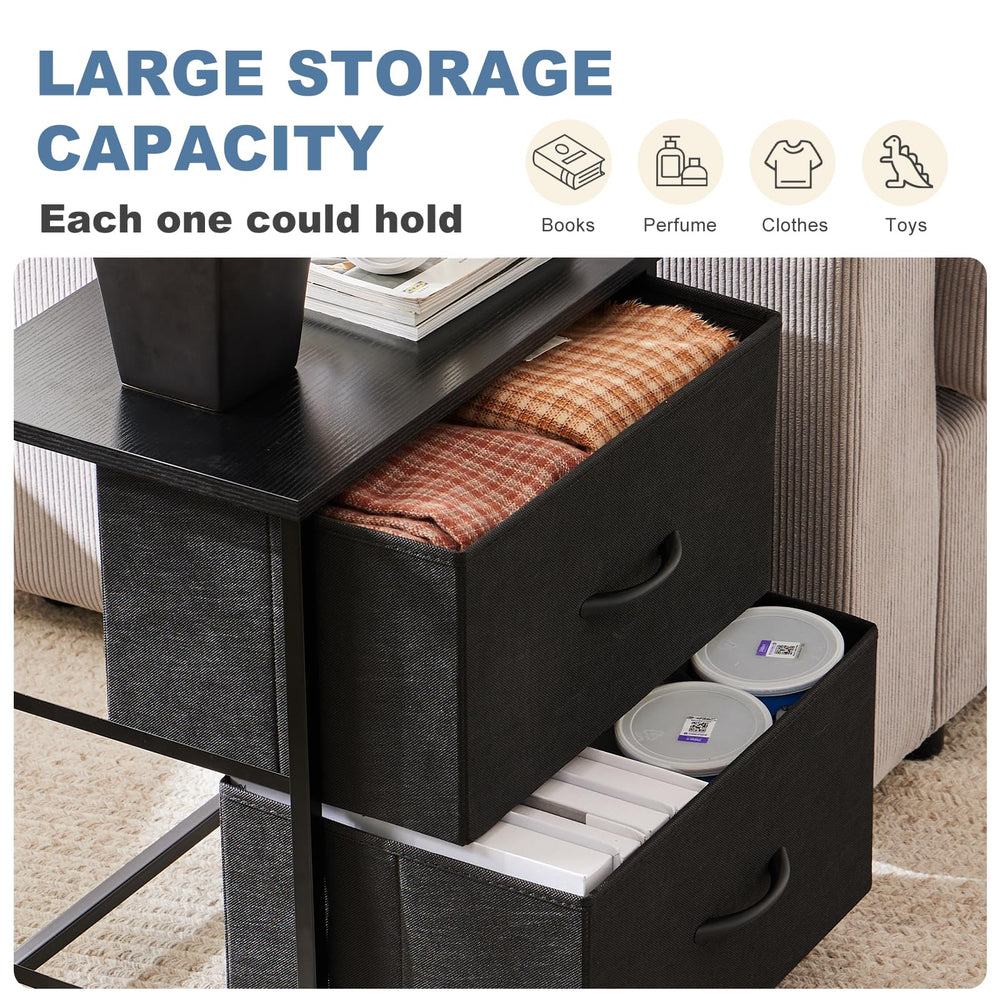 DUMOS nightstand in bedroom setting demonstrating space-saving storage benefit