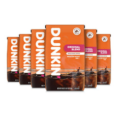 Dunkin' front packaging showing six 18 oz bags and recognizable brand benefit