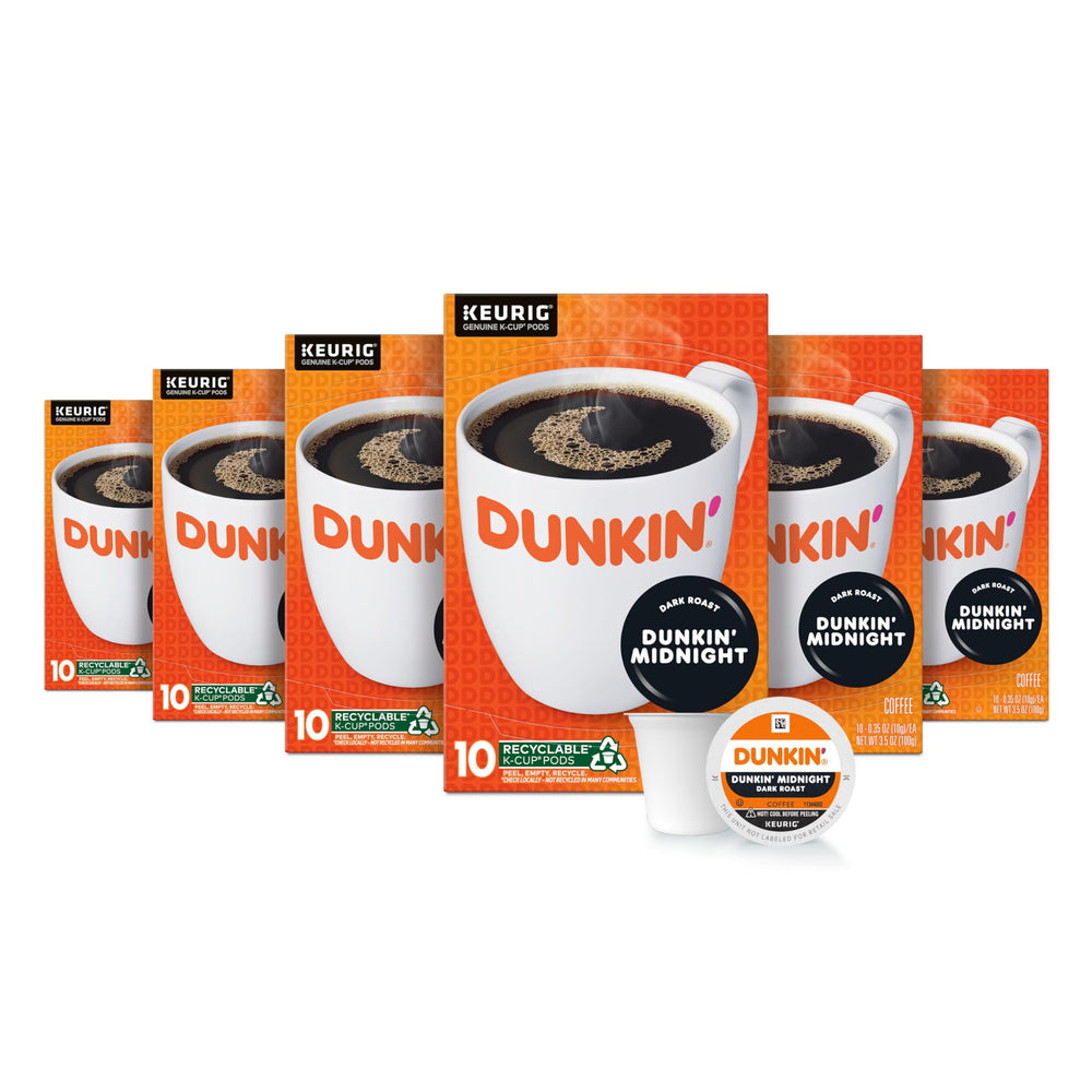 Dunkin' front packaging of Midnight dark roast showcasing bold branding and count
