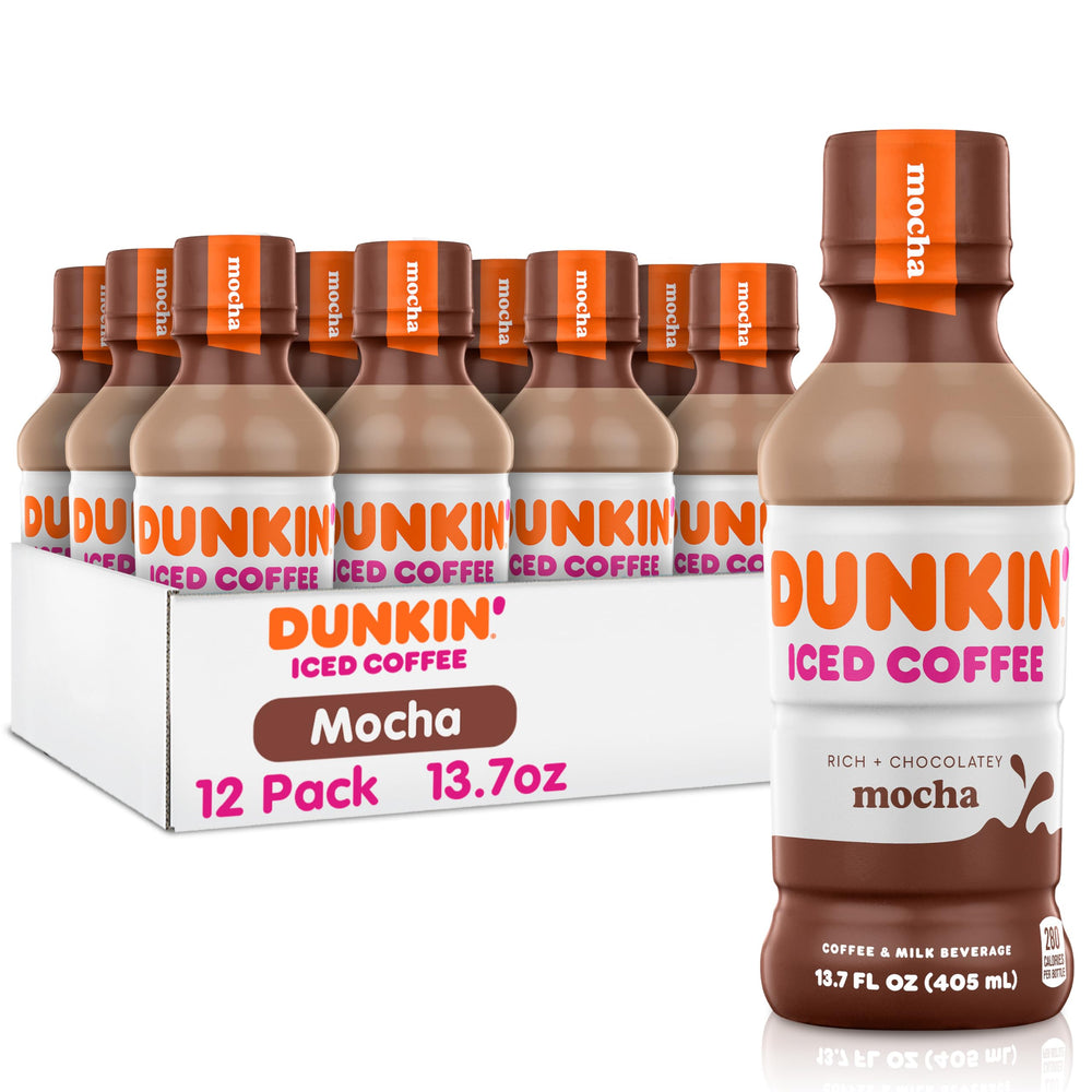 Dunkin' bottle front view showing mocha label and grab-and-go convenience