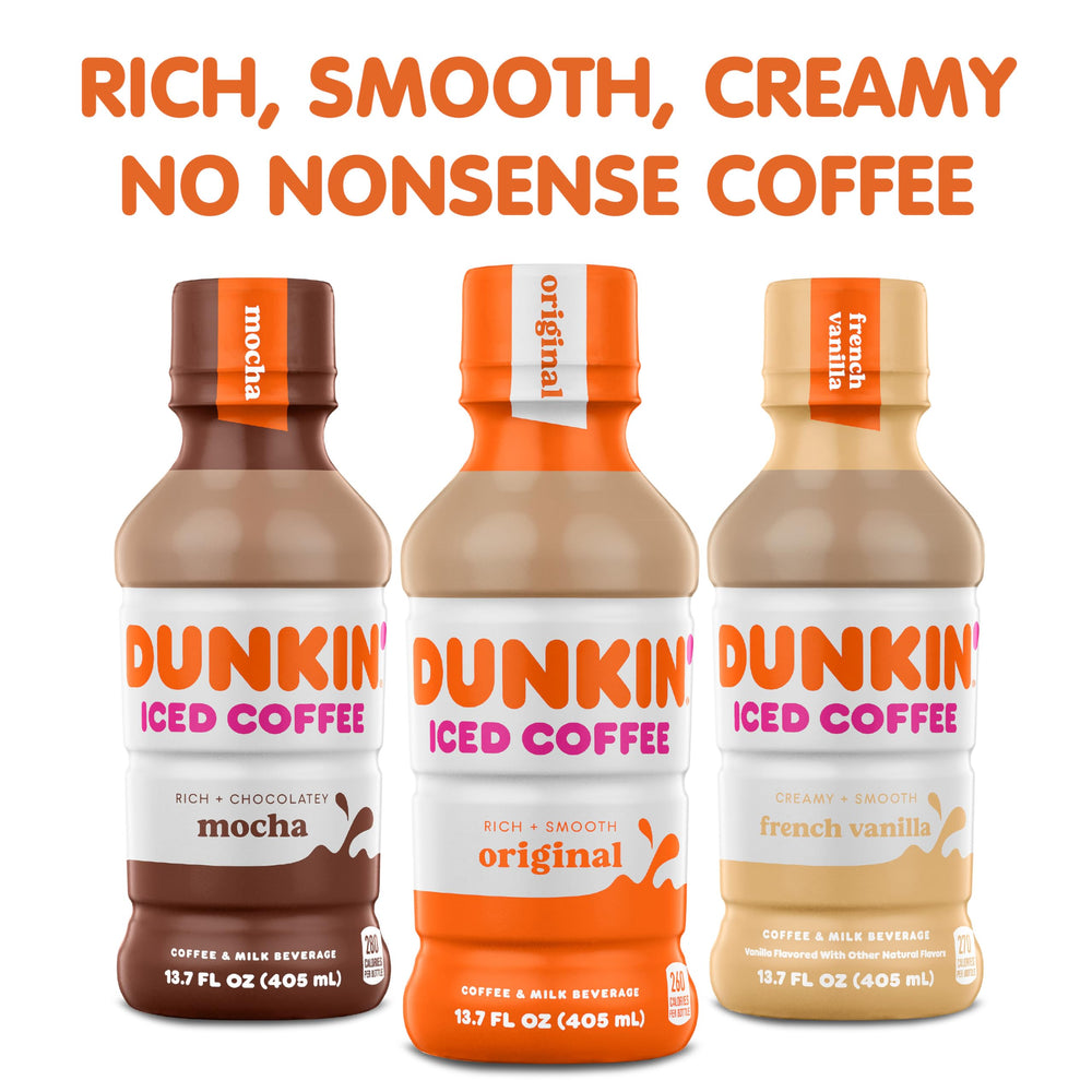 Dunkin' bottle beside iced glass illustrating serving suggestion and refreshment