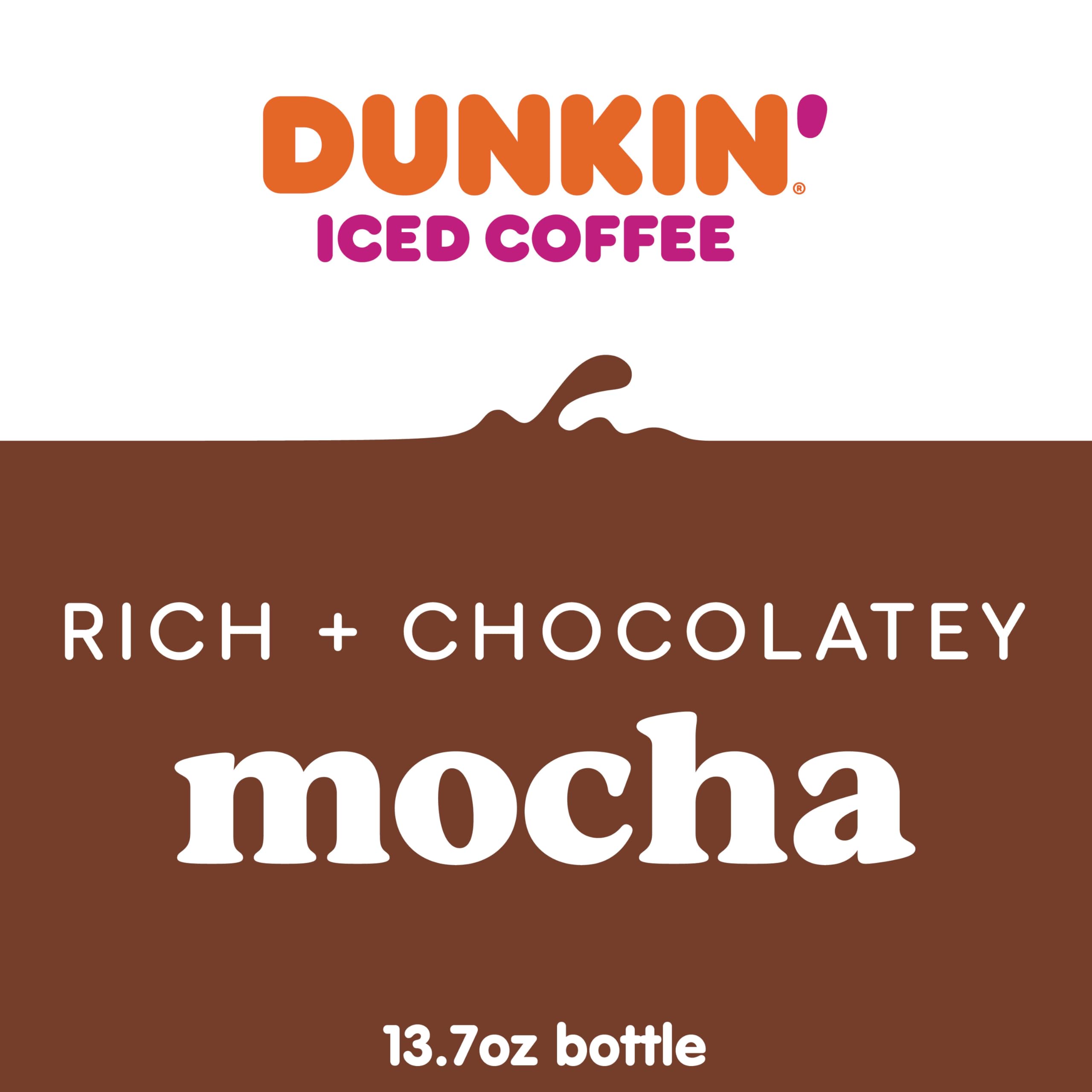 Dunkin' mocha being poured to show rich chocolate color and creamy texture