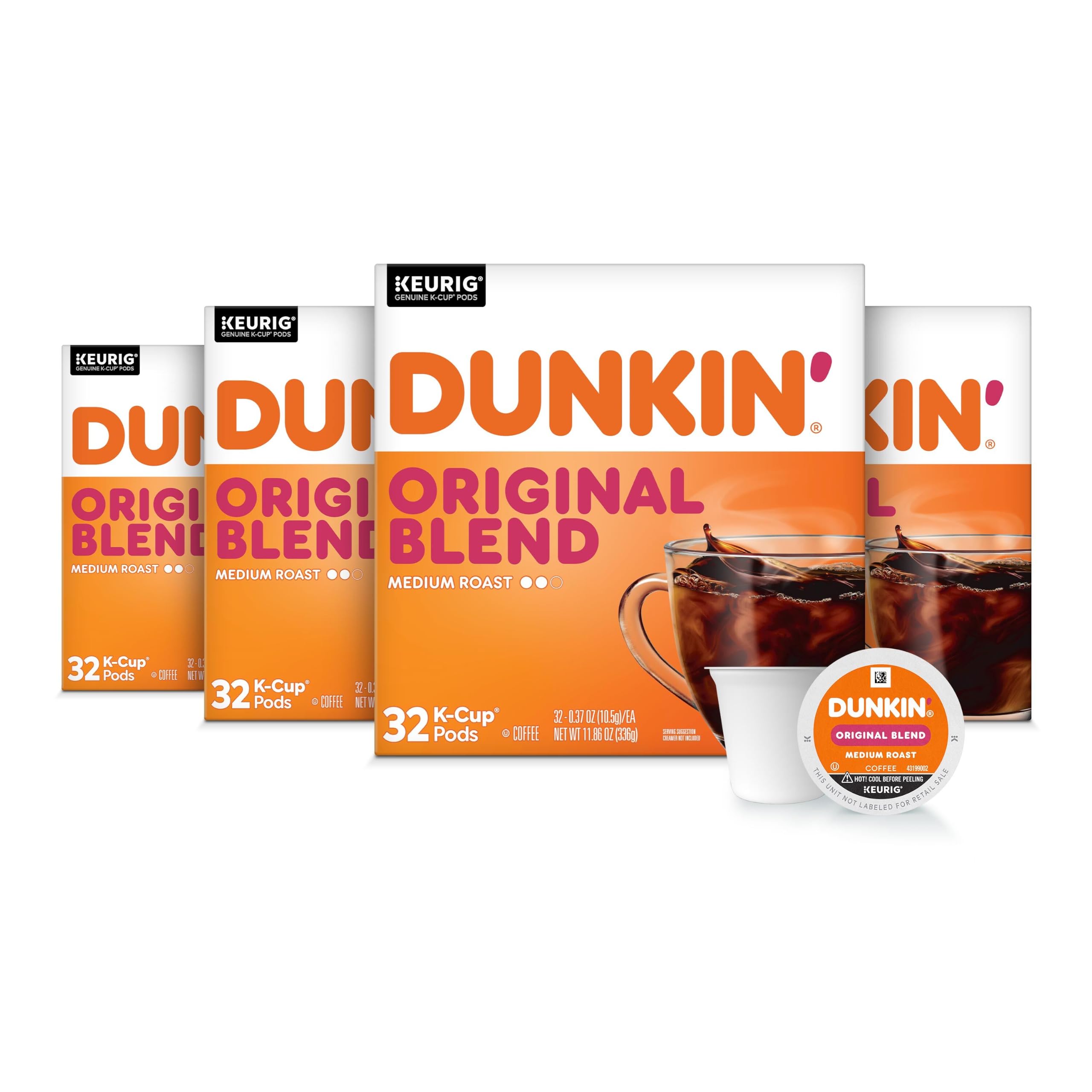 Dunkin' front packaging showing four 32-count boxes and branding benefits
