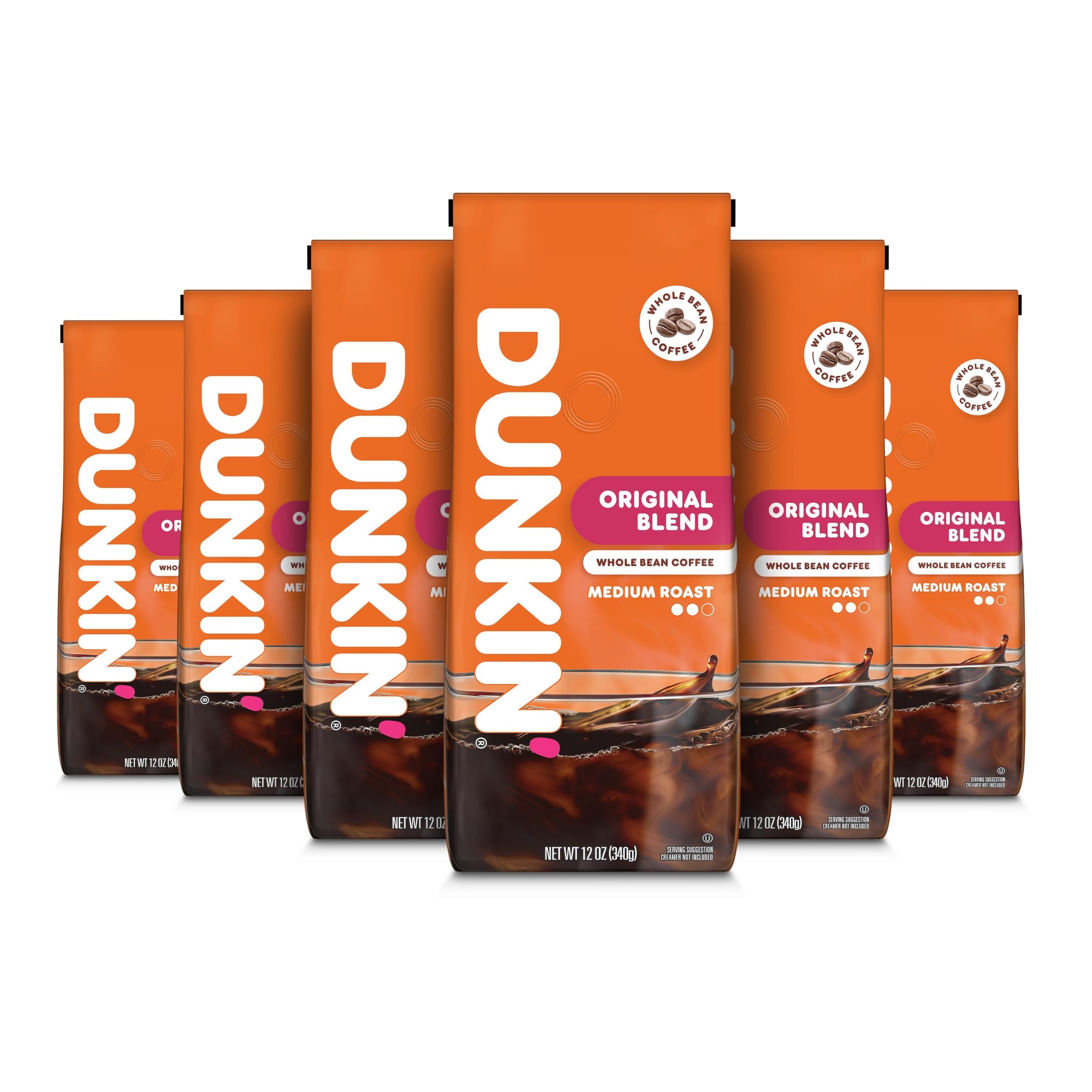 Dunkin' front packaging showing six 12-ounce whole bean bags and convenience