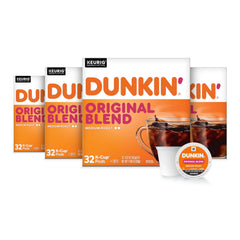 Dunkin' front packaging showing four 32-count boxes and branding benefits