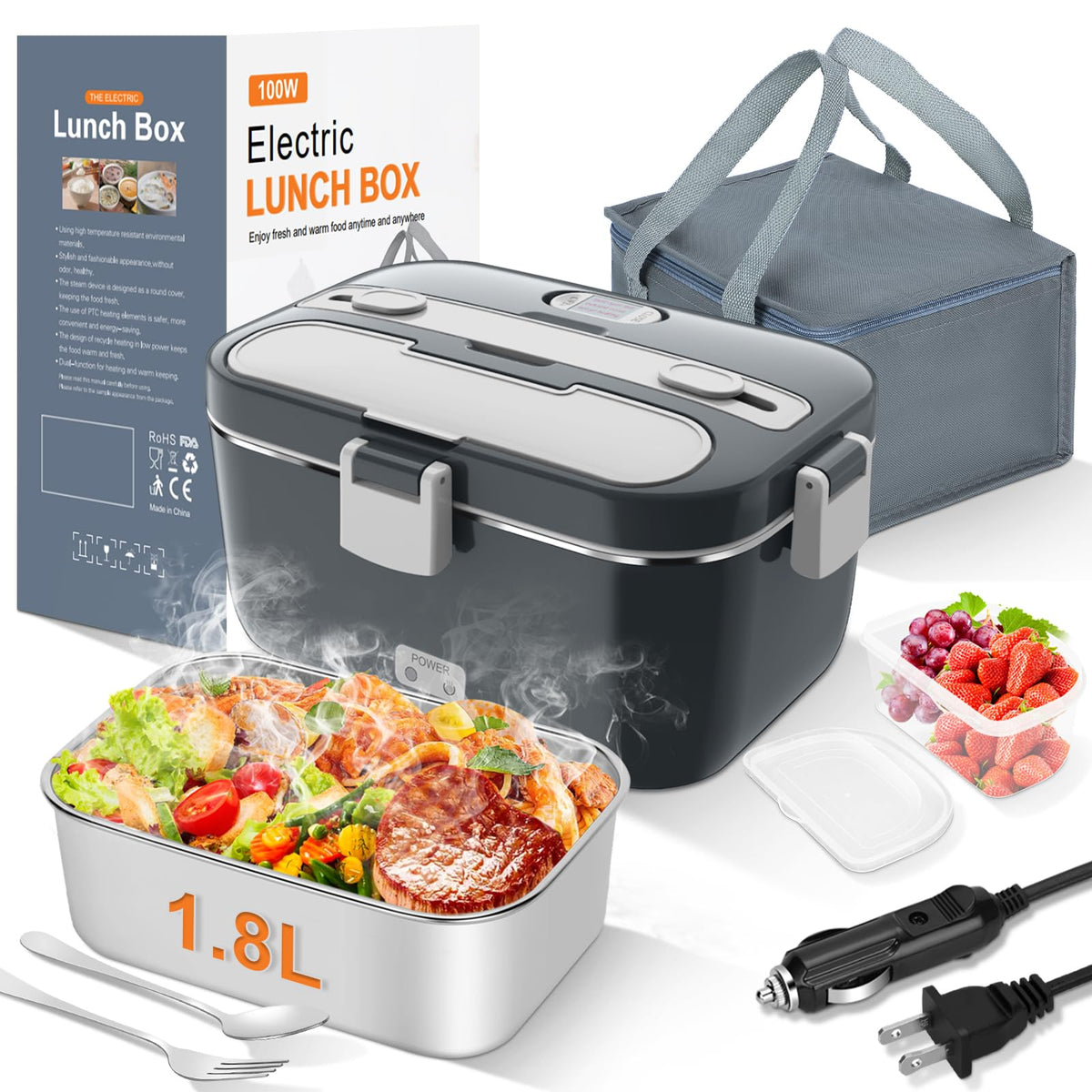 DUPASU front view of electric lunch box showing lid and latch for easy transport