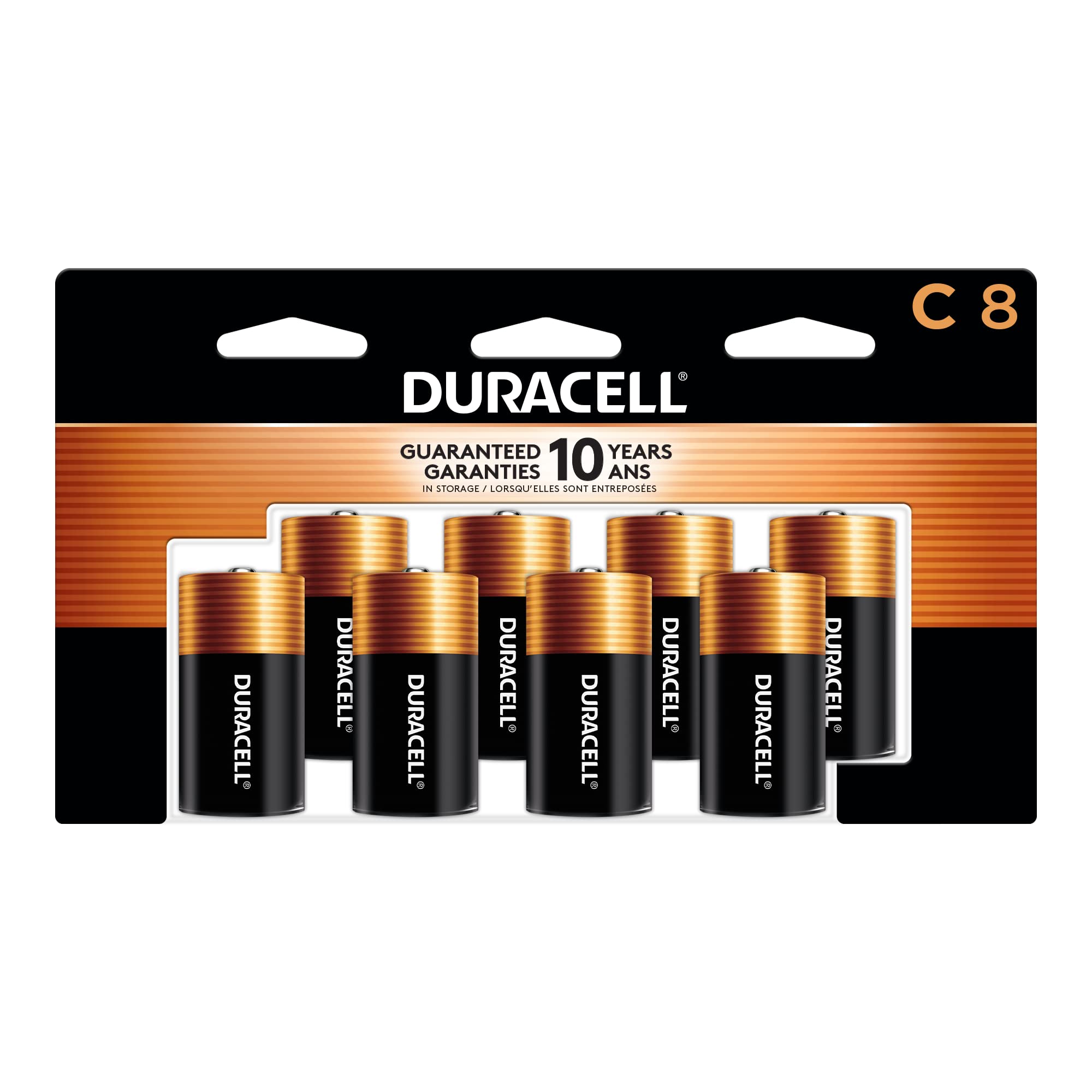 Duracell Coppertop front packaging showing eight C batteries and readiness