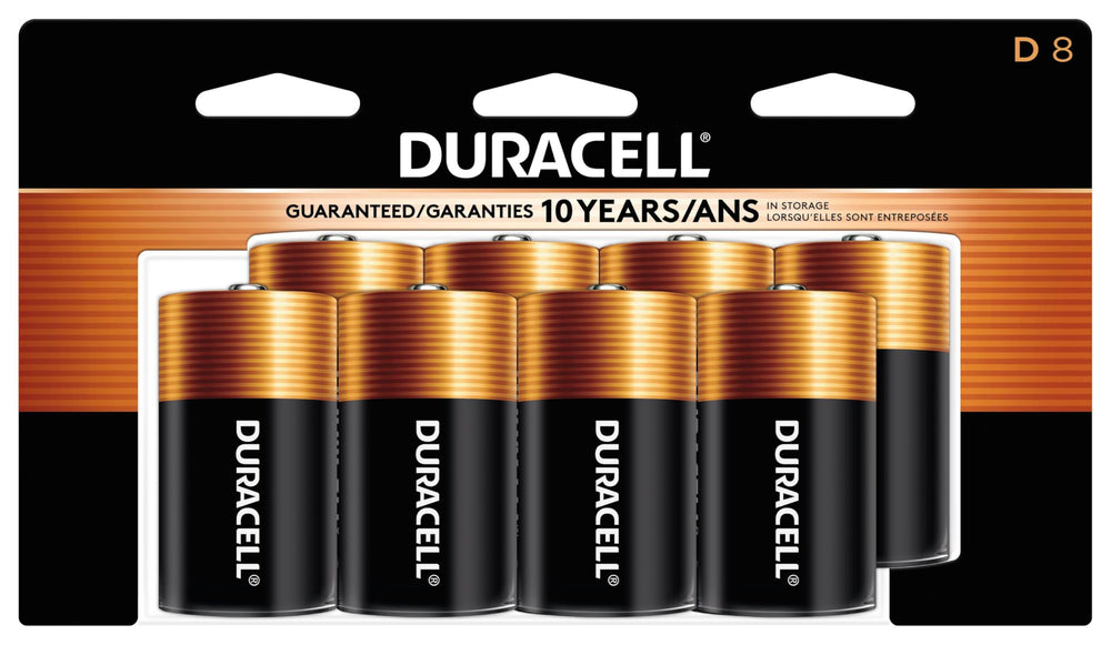 Duracell Coppertop D front packaging showing 8-count and brand reliability