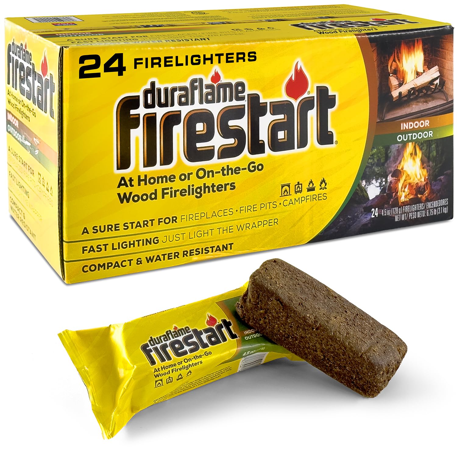 Duraflame front packaging showing 24-pack and branding, reliable ignition benefit