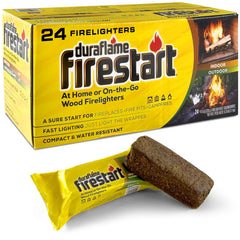 Duraflame front packaging showing 24-pack and branding, reliable ignition benefit