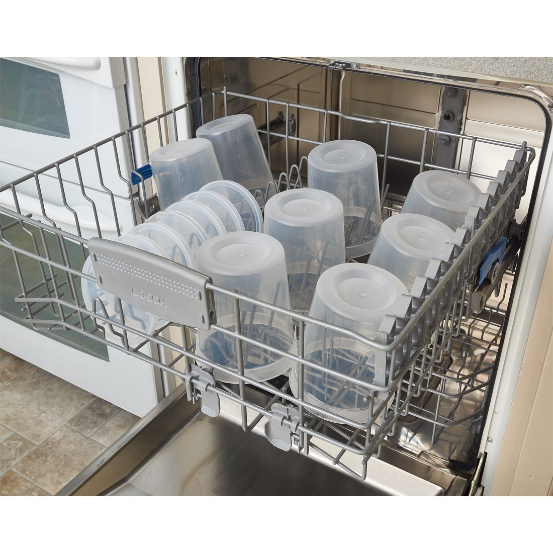 DuraHome containers stacked in a refrigerator saving space and organizing meals