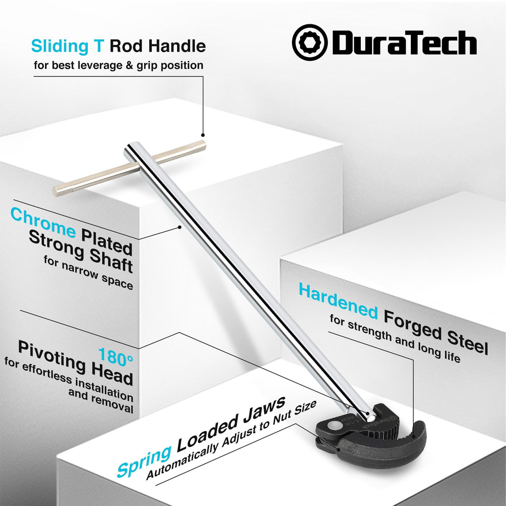 DURATECH wrench in use under sink accessing back-faucet nut benefit