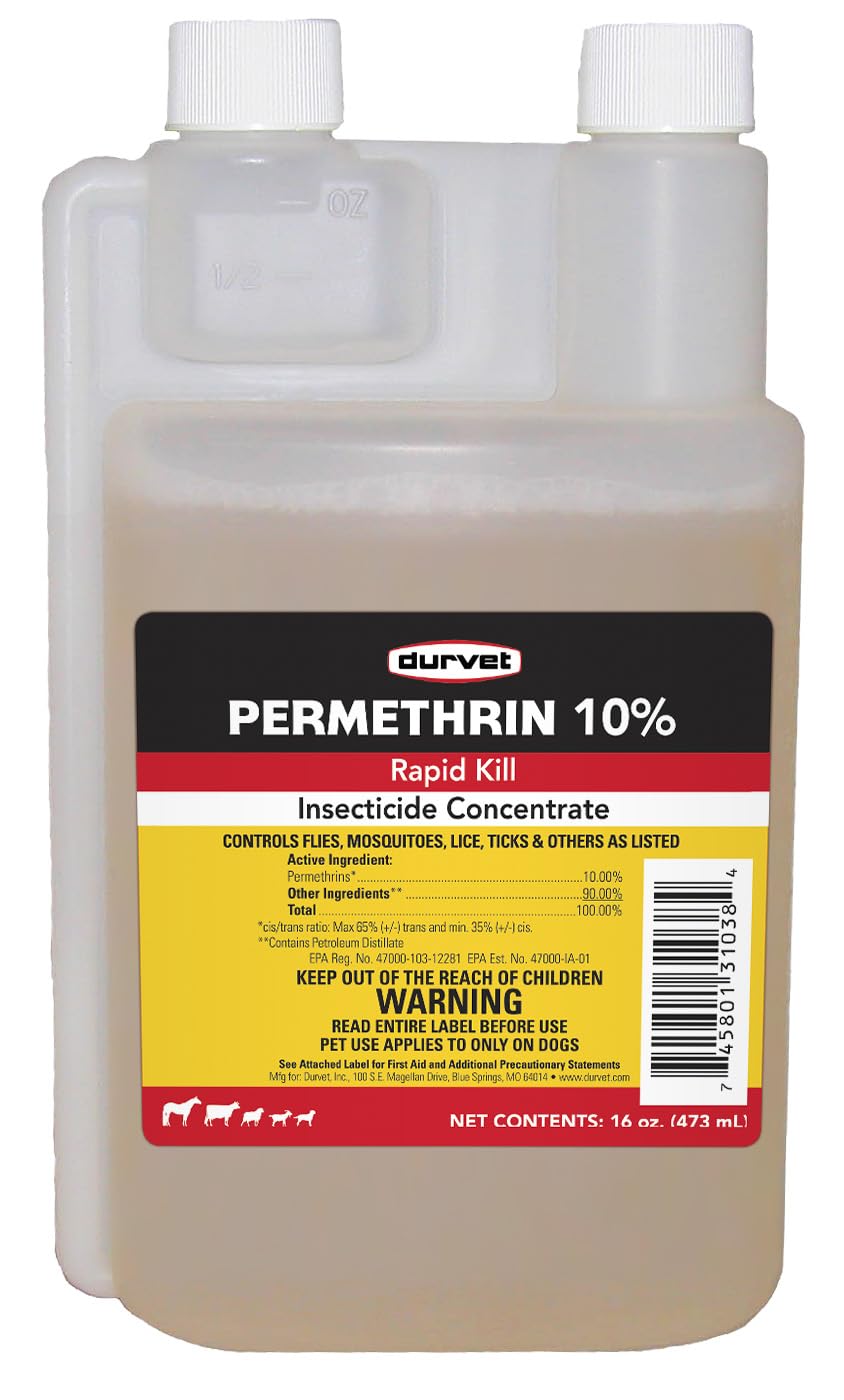 Durvet 10% permethrin front label showing product identity and strength for easy selection