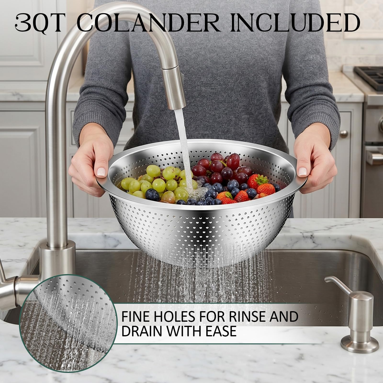 DUTZUN colander draining vegetables, speeds washing and prep