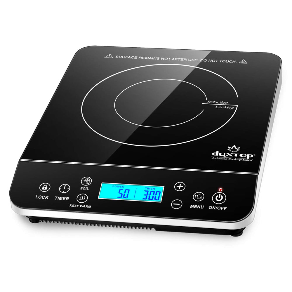 duxtop front view showing sleek silver countertop burner and benefits fast heating