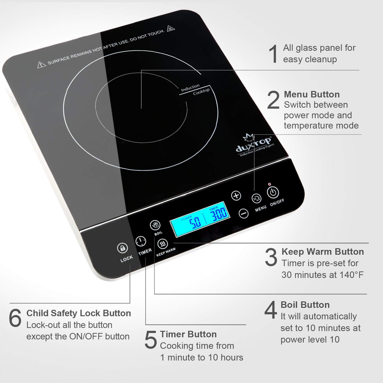 duxtop in use with pot simmering demonstrating even heat and energy savings