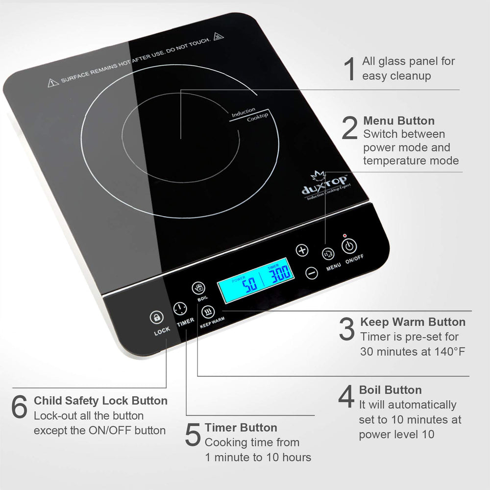 duxtop in use with pot simmering demonstrating even heat and energy savings