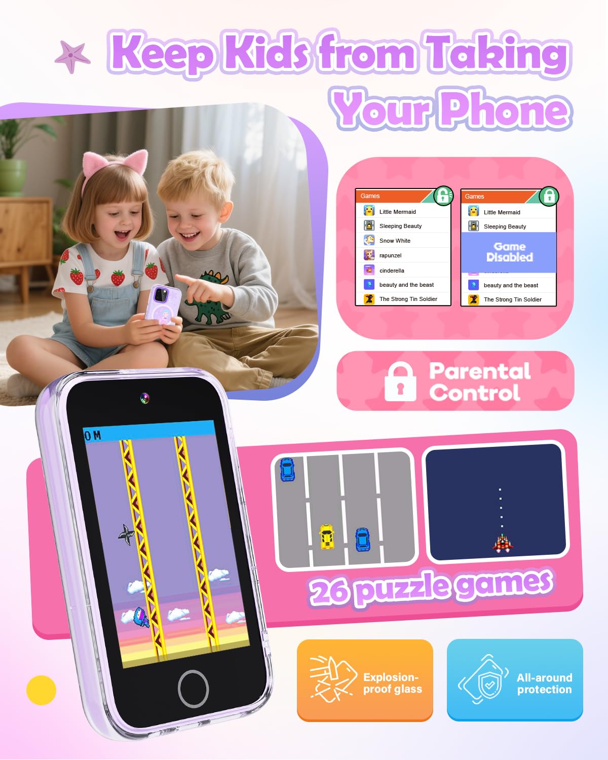 Child using Dylanto phone at table showing engaged learning and entertainment