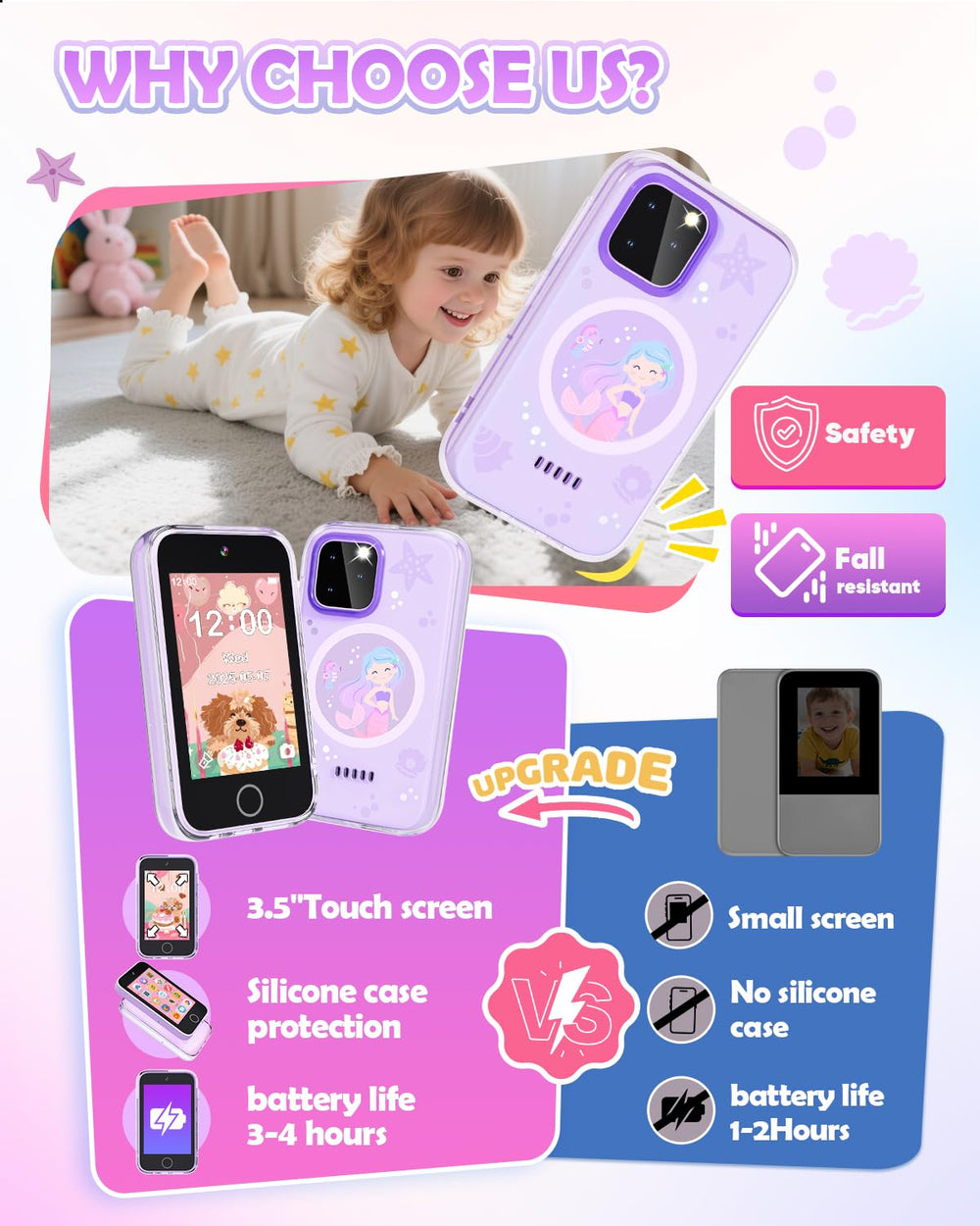 Dylanto phone next to a child’s hand showing compact size for easy handling