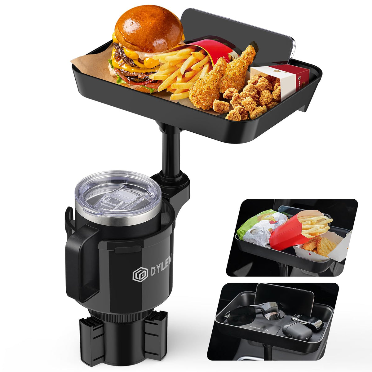 DYLEN front view tray mounted in cup holder showing stable eating surface