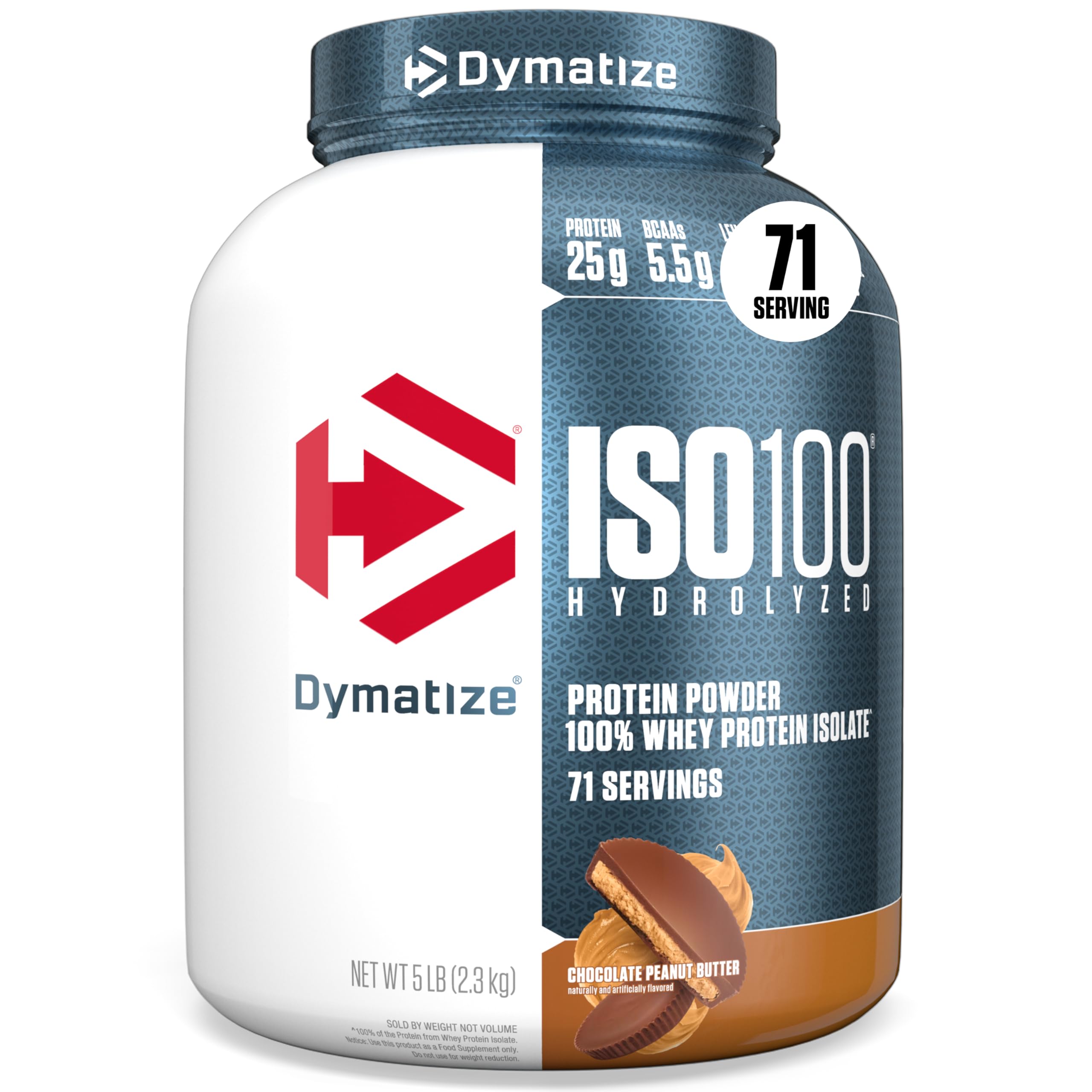Dymatize ISO100 front label showing flavor and protein benefit