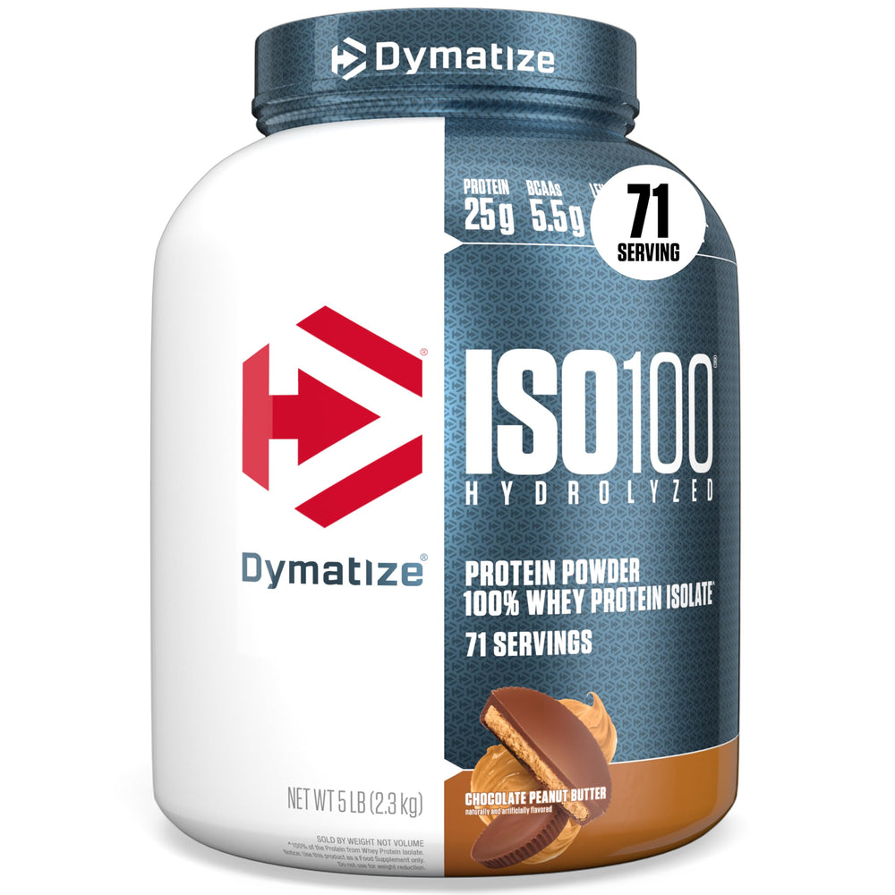 Dymatize ISO100 front label showing flavor and protein benefit