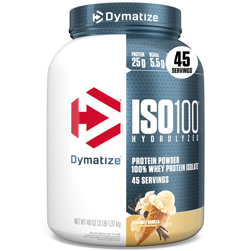 Dymatize ISO100 front tub showing gourmet vanilla label and purity