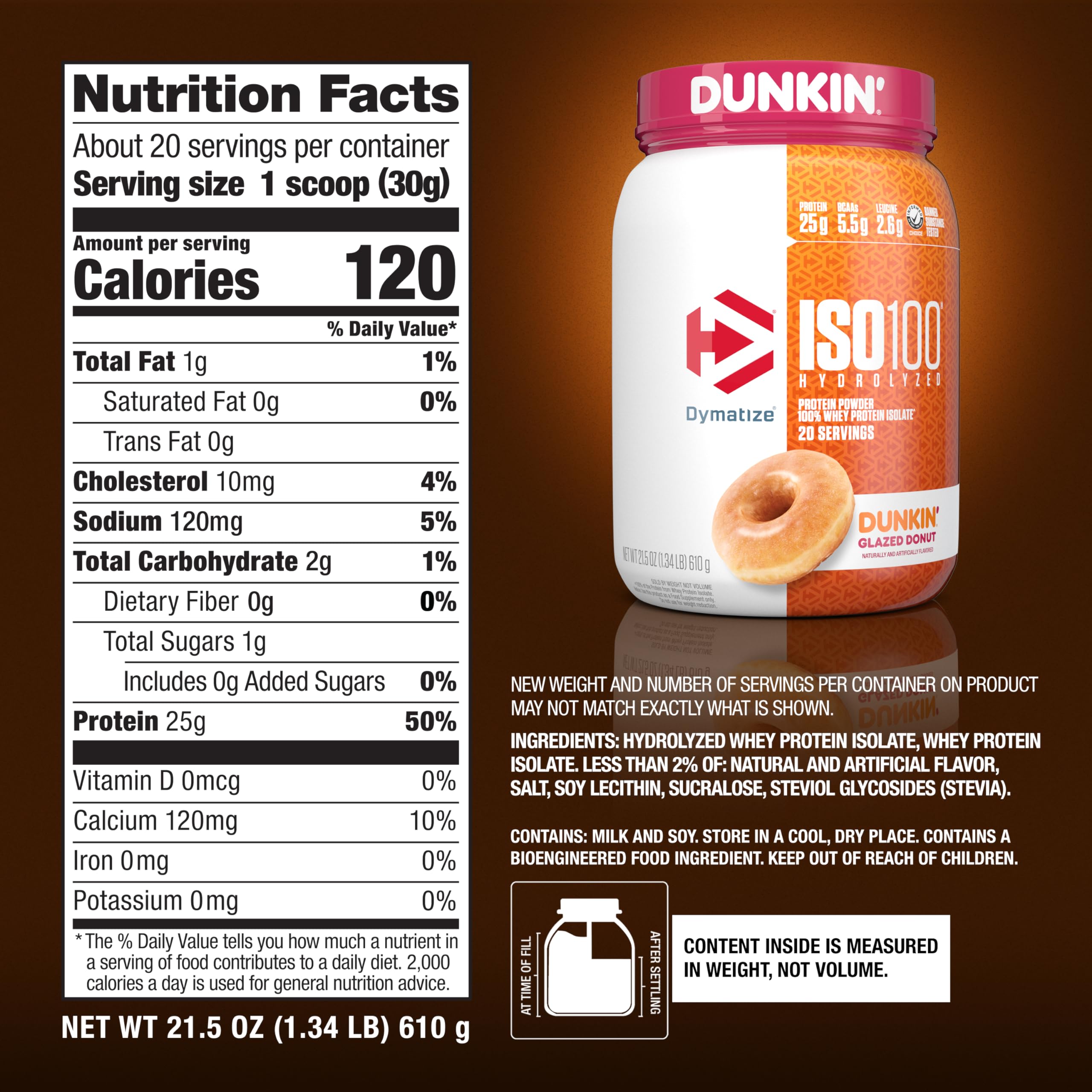 Dymatize ISO100 label closeup showing nutrition facts for informed ingredient choices