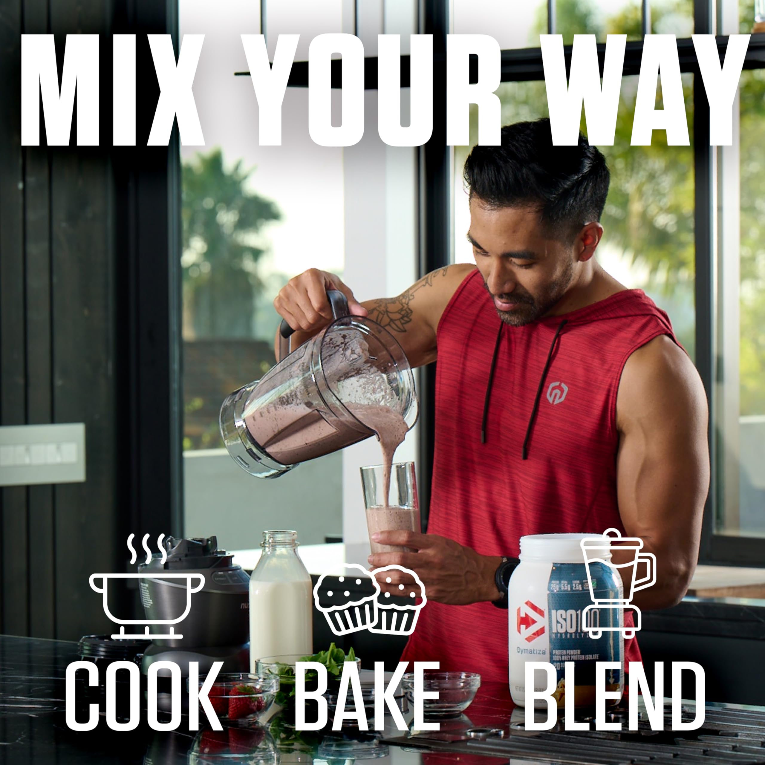 Dymatize ISO100 beside breakfast items showing flavor pairs and meal-enhancing benefit