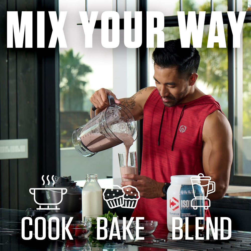 Dymatize ISO100 beside breakfast items showing flavor pairs and meal-enhancing benefit