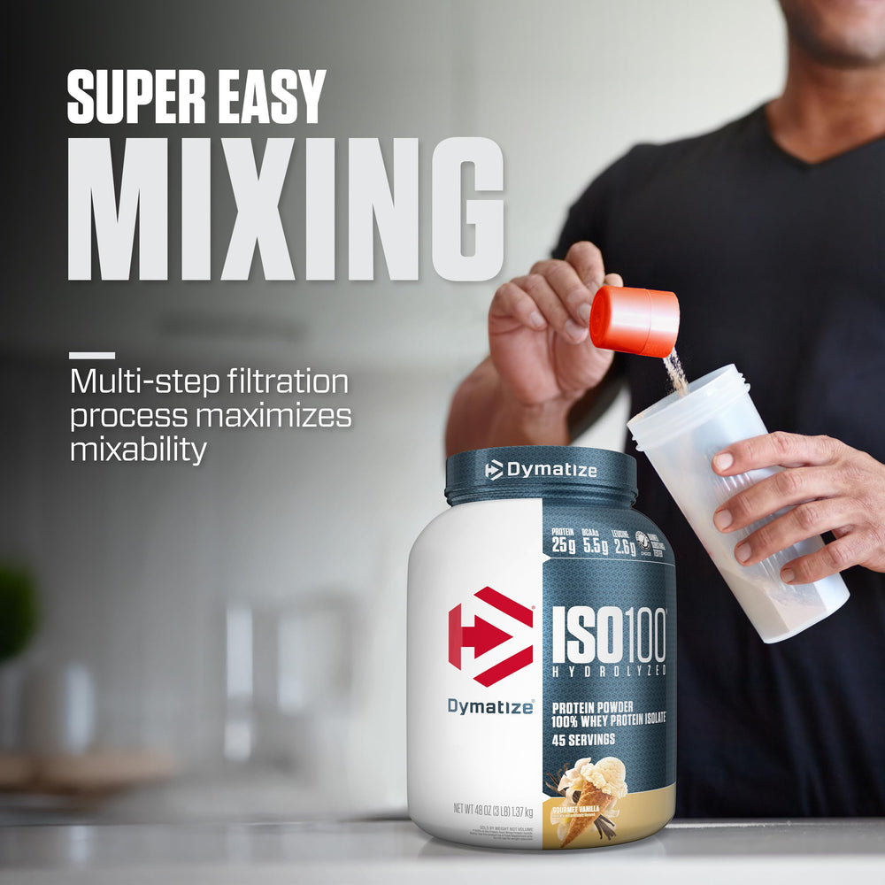 Dymatize ISO100 poured into glass demonstrating creamy vanilla taste