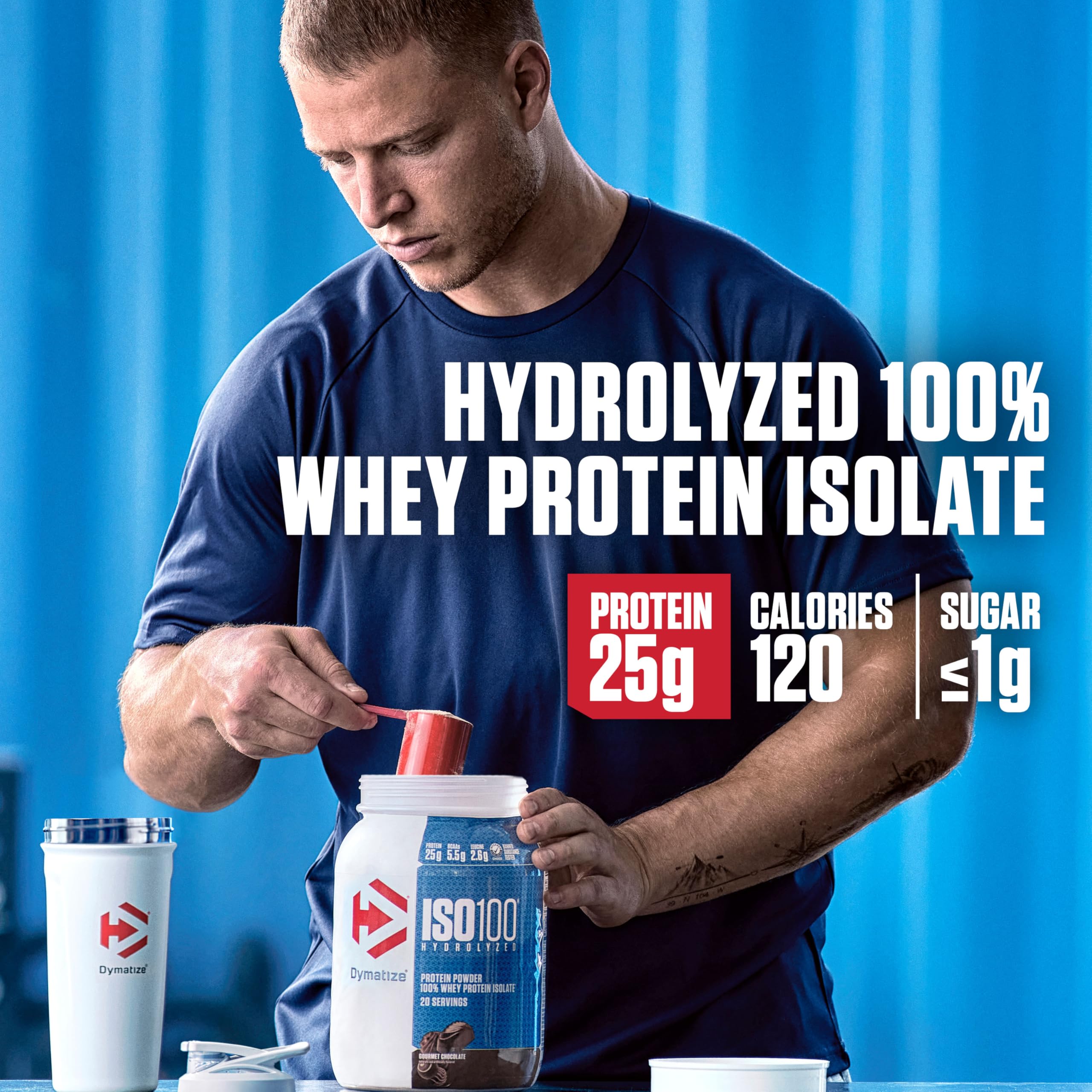 Dymatize ISO100 powder scoop close-up highlighting fine texture for easy mixing