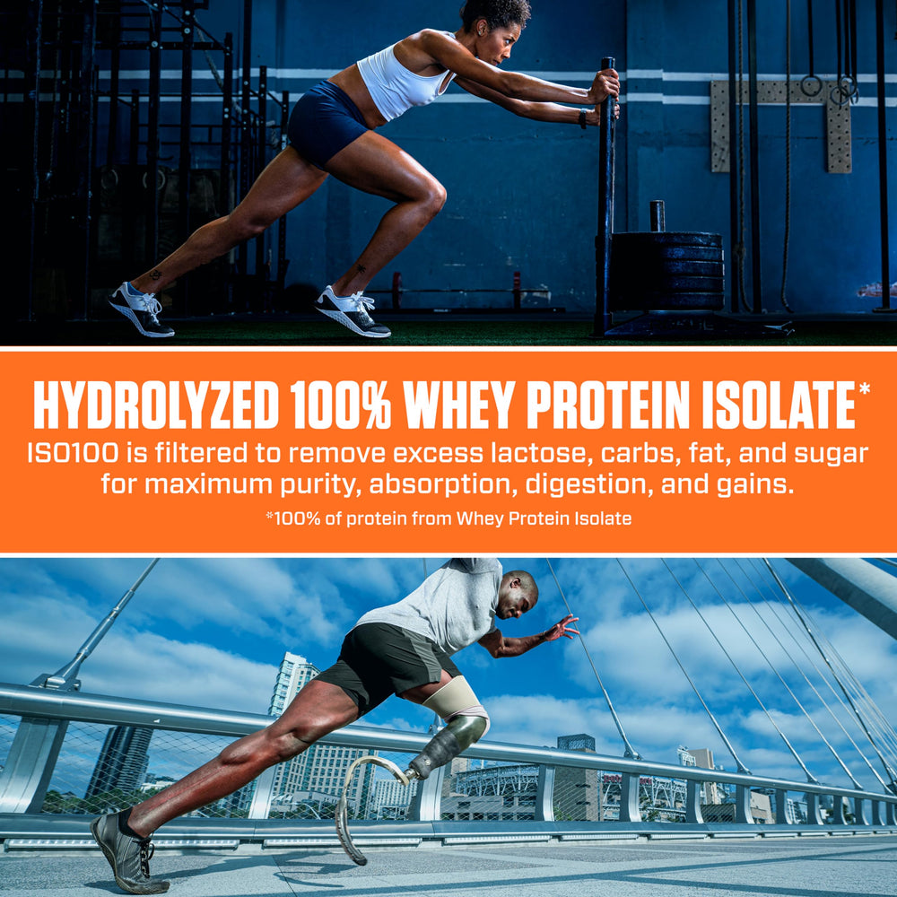 Dymatize ISO100 single serving on counter illustrating quick on-the-go protein option