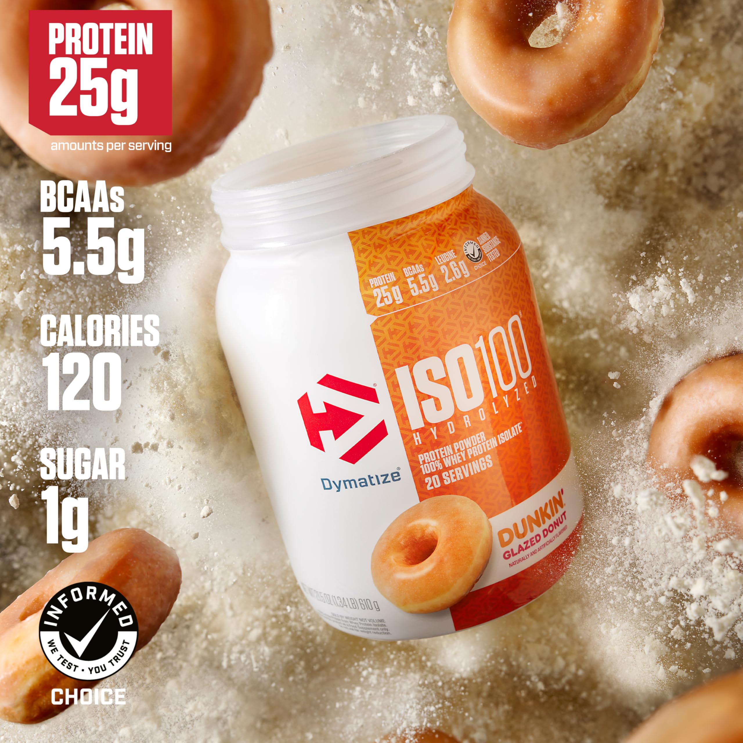 Dymatize ISO100 prepared shake in glass highlighting creamy glazed donut flavor enjoyment